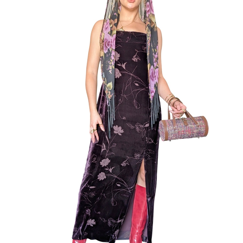 Vintage 90s Y2K Whimsigoth Eggplant Purple Floral Velvet Burnout Silk Maxi Dress